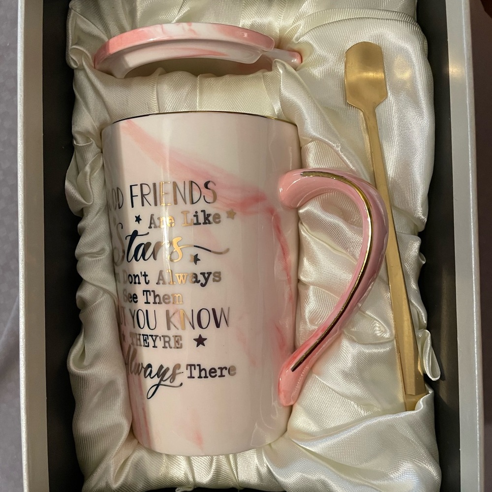 Brand New! Best friend coffee mug with top and matching spoon. Perfect box